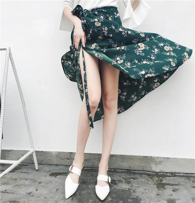 2021 Bohemian High Waist Floral Print Summer Skirts Womens Boho Asymmetrical Chiffon Skirt Maxi Long Skirts For Women