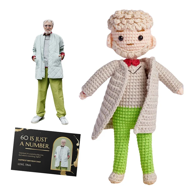 Duckbe Custom Crochet Doll Dad Gift for Dad, Personalized Portrait Gifts Look Alike Knitted Doll Made from Your Picture & Greeting Card, Father Gift for Men Grandpa