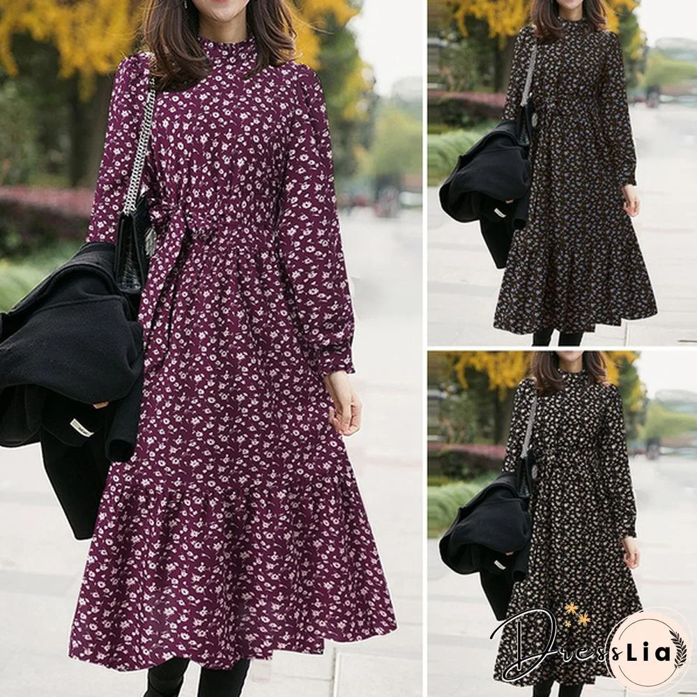 Women Spring Casual Belt Full Sleeved Kaftan Floral Printed A-Line Party Ruffle Hem Long Dress