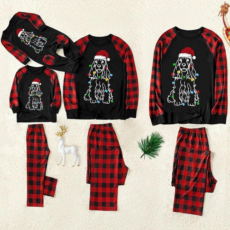 Christmas Dog Cartoon Print Red Plaid Family Matching Pajamas