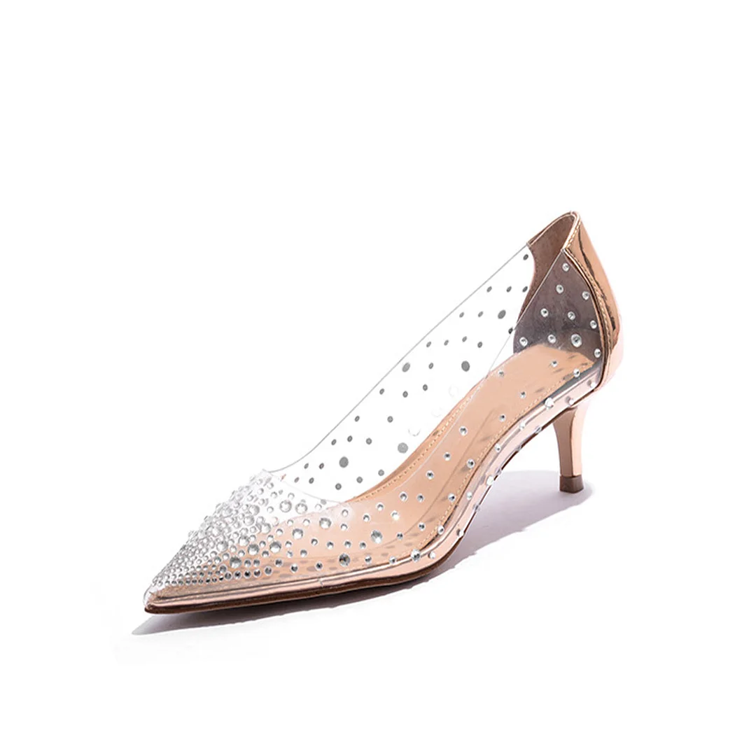 PVC Clear Heels Pearl Pumps Champagne Mirror Leather Low Heels