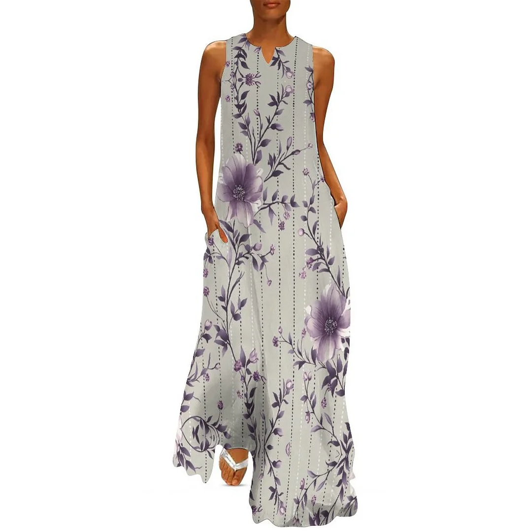 Style & Comfort for Mature Women Plus Size Printed Sleeveless Casual Women Maxi Dress with Pockets in Pattern Floral, Purple, Polka Dot
