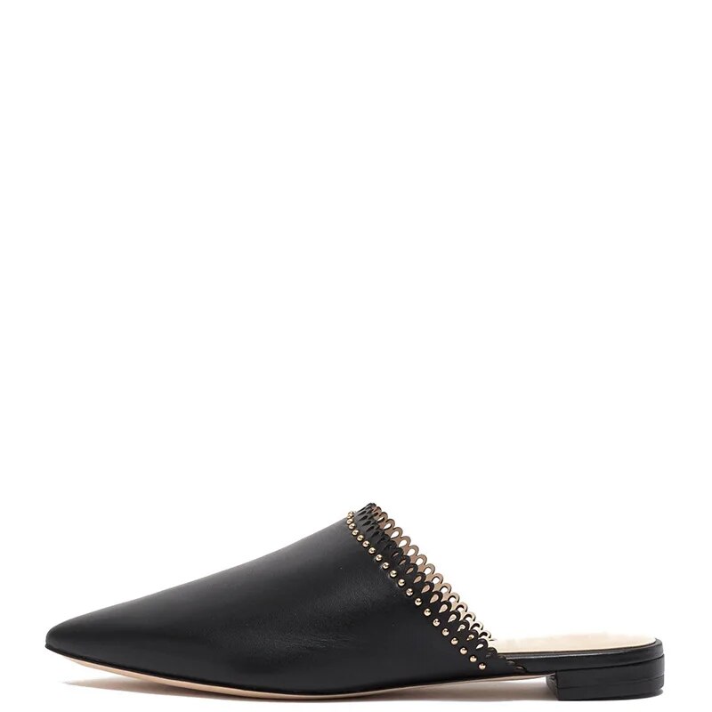 TAAFO Black Rivets Women Mules Outside Slippers Chunky Heels Pointed Toe Ladies Shoes