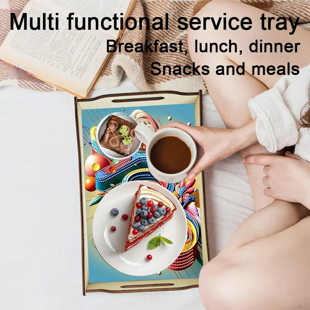 DIY Diamond Painted Dining Plate with Handle Wooden Food Tray Home Decor Gift