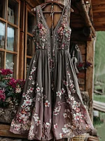 Women's Boho Floral Art V Neck Comfy Midi Dress
