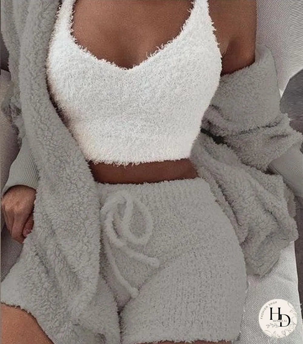Comfy Faux Fur Crop Top Shorts And Jackets