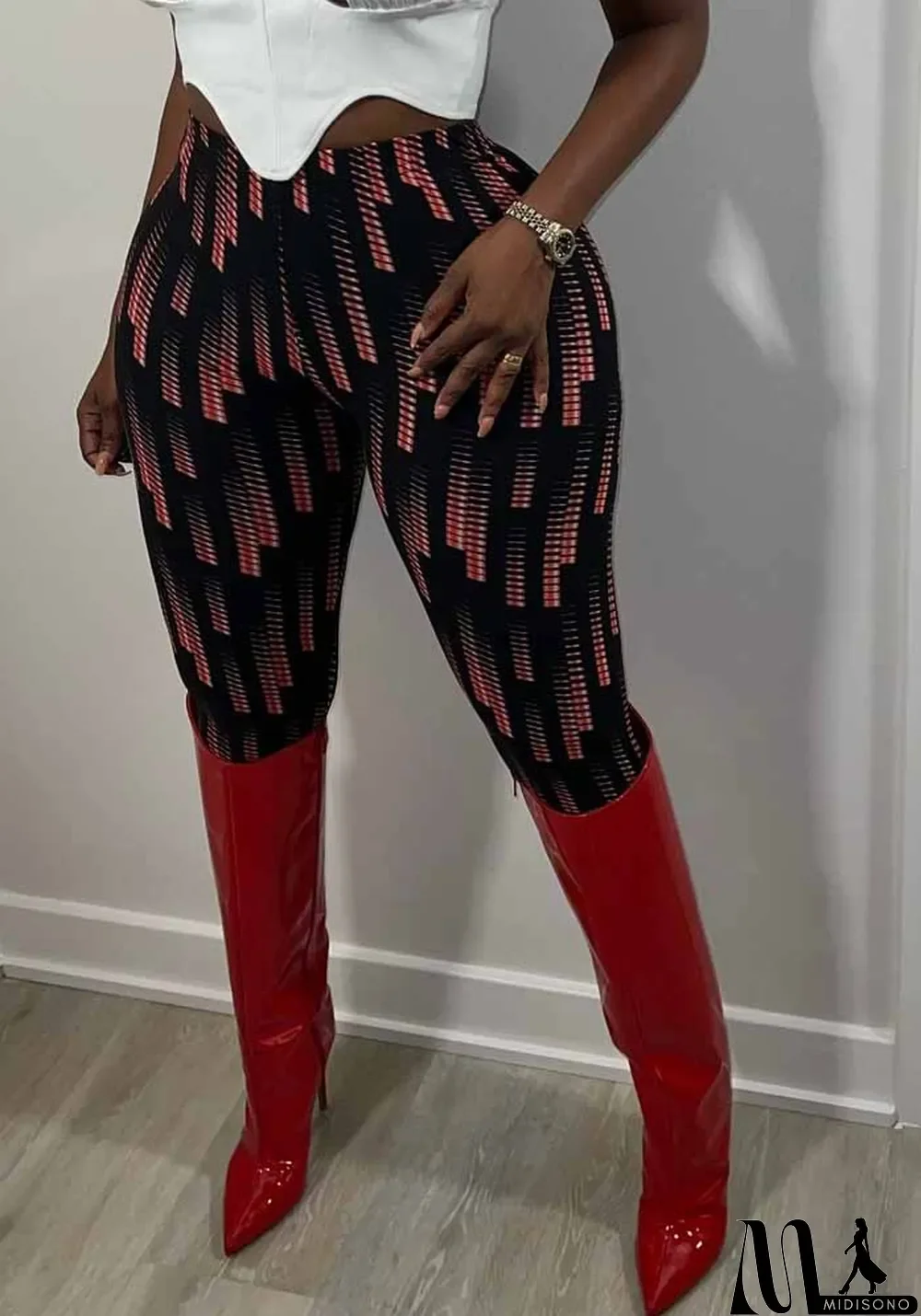 MidiSono - Women Spring Printed Straight High Waist Elastic Waist Print Ankle-Length Regular Pants