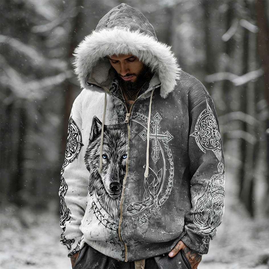 Men's Winter Vintage Viking Style Hooded Knitted Sweater Coat elevenforest