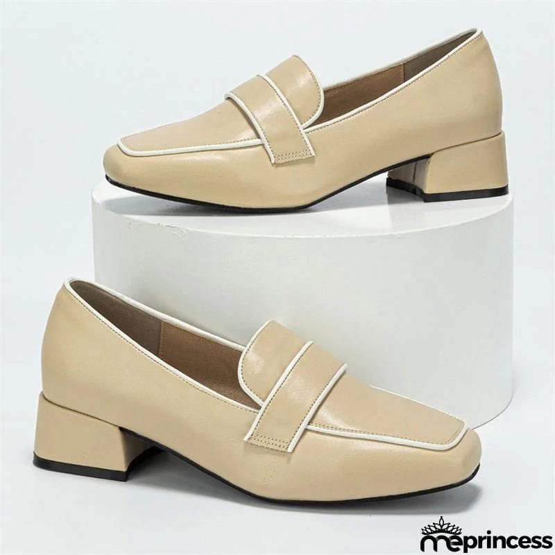 Classy Casual Square Toe Thick Heels Women's Beige Pumps