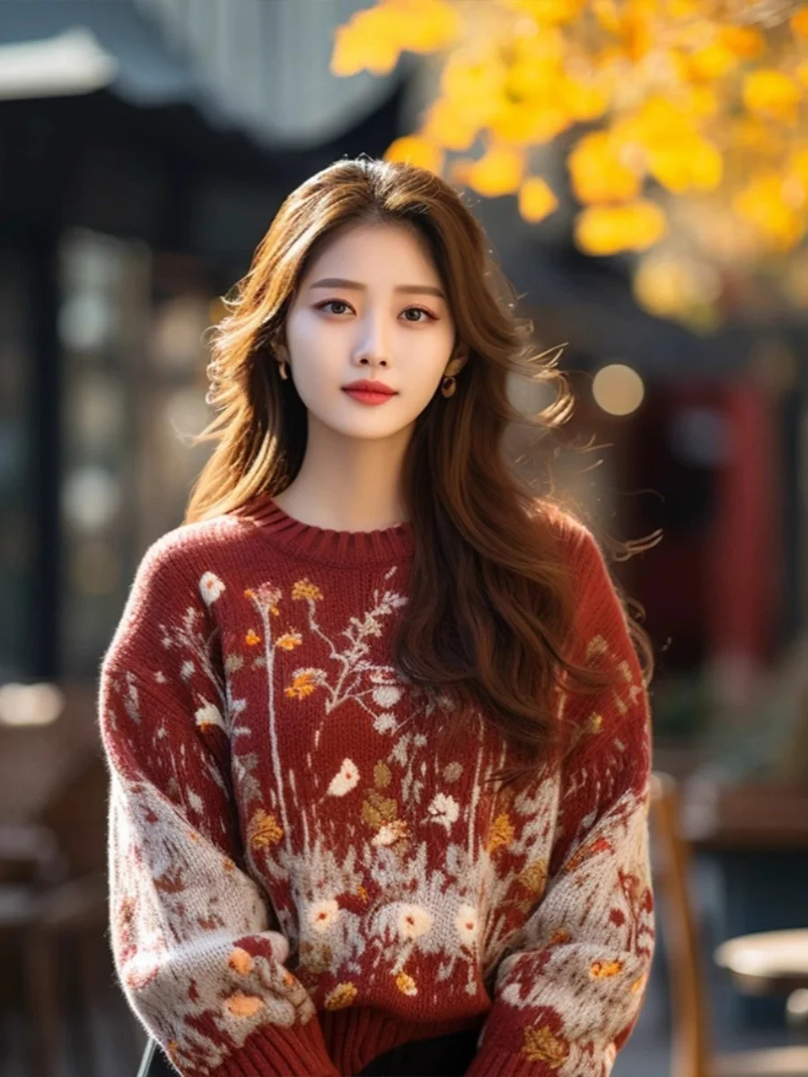 Athvotar Athvotar Retro-Red Age-Red Red Sweater In Autumn And Winter 2025 Women Loose Outer Wear Cover-Up Knitted Shirts