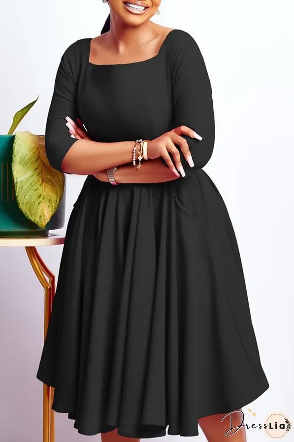 Elegant Solid Square Neck Midi Dress