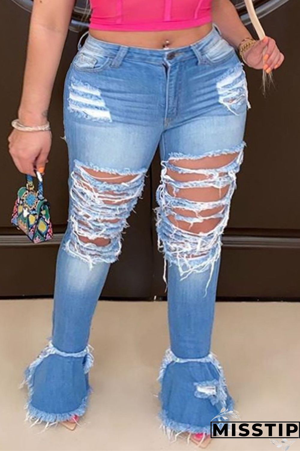 Light Blue Fashion Large Size Broken Hole Denim Trousers