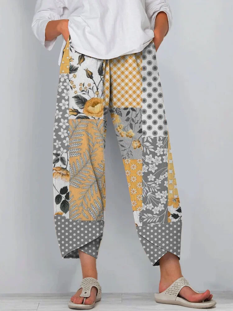 Women Floral Polkadot Print Patchwork Cropped Pants With Pocket socialshop