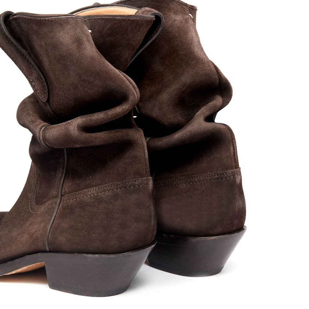 Faux Suede Brown Almond Toe Side Loops Block Heel Ladies Boots