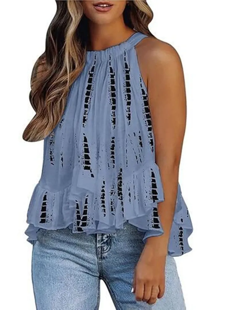 Brownm Print Round Neck Halter Sexy Sleeveless Blouses