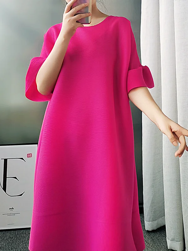 Stylish Selection Flared Sleeves A-Line Pleated Solid Color Round-Neck Midi Dresses