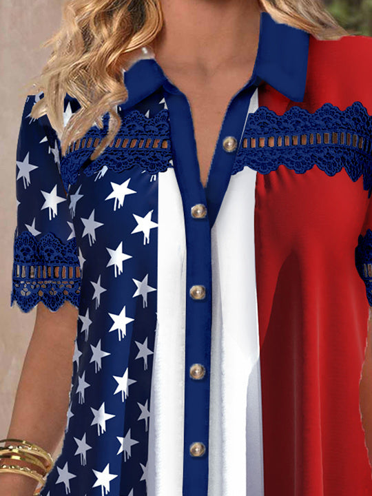 Women's Short Sleeve V-neck Lace Stitching Hollow Graphic Top