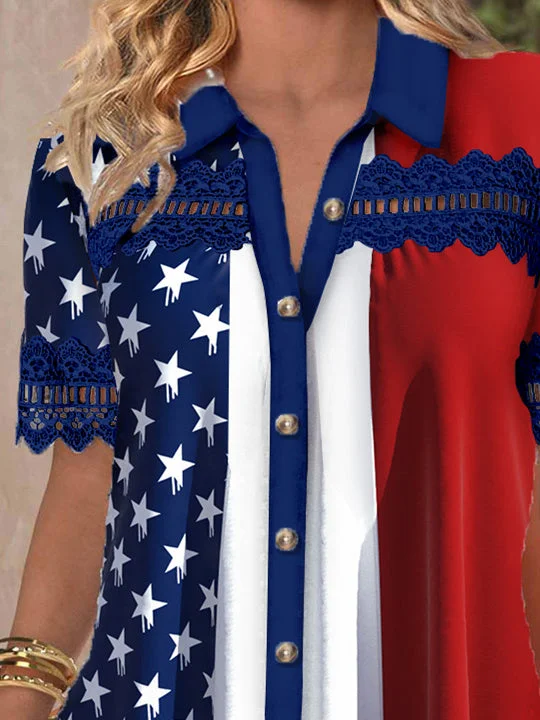 Women's Short Sleeve V-neck Lace Stitching Hollow Graphic Top