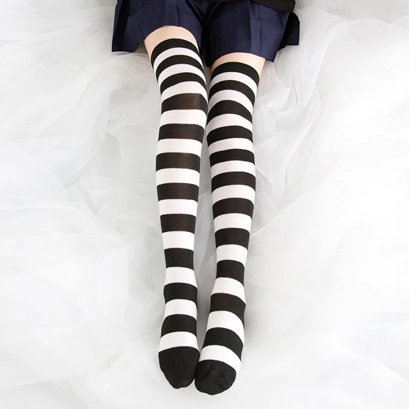Over Knee Black White Blue Red Long Stripe Japanese Cartoon Tight High For Women Girl Cosplay Student Kawaii Tights