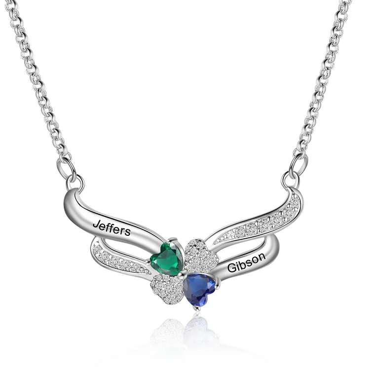 Personalized Wings Necklace Custom 2 Birthstones and Names Gifts for Her