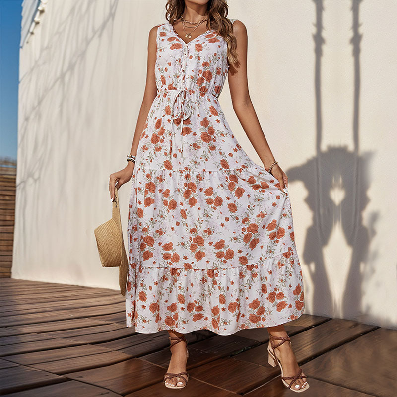 Elegant Floral Print Dress For Women Fashion  Bohemian Style Sleeveless Button Vestidos Female Casual V-neck A-line Dresses