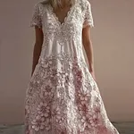 Vintage Floral Lace Embroidered V Neck Linen Maxi Dress - Image 2