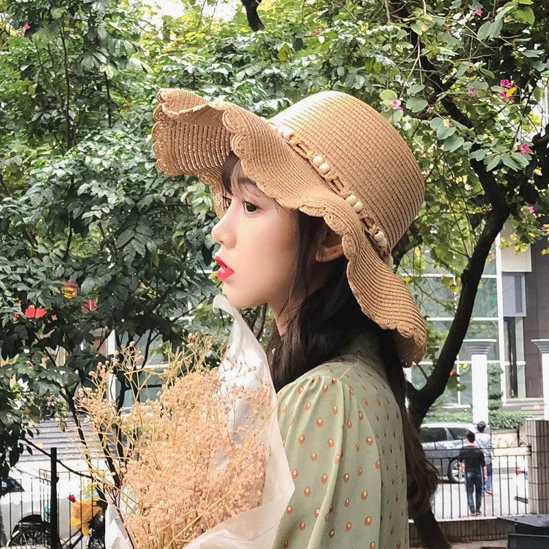 Llyge Sweet Wavy Straw Hat Female K-style Big Brim Summer Seaside Travel Sun Protection Sun Hat Casual All-Match Hat llyge