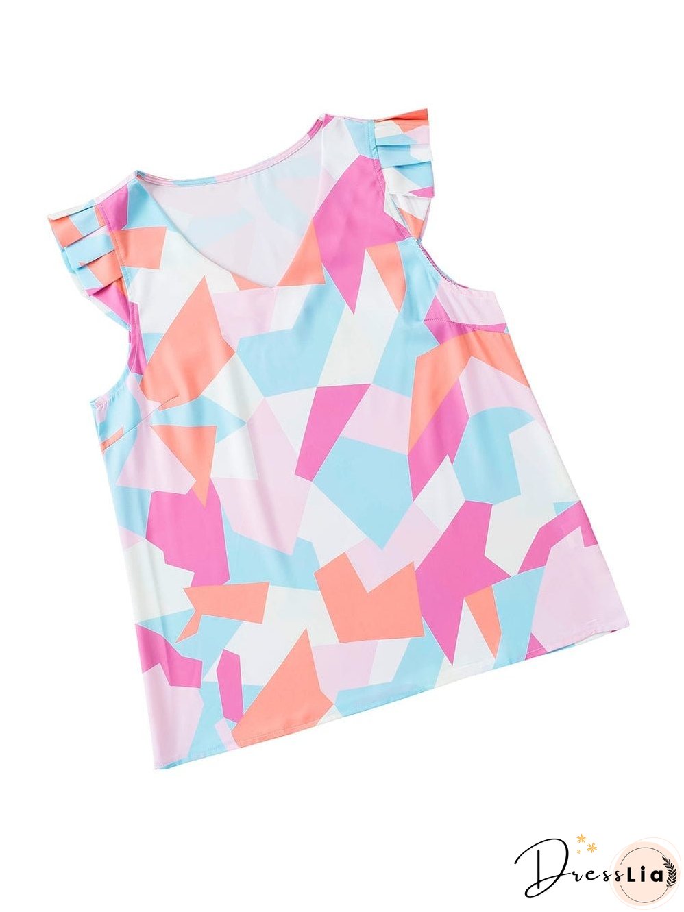 Pastel Geometric Print V-Neck Cap Sleeve Top with Colorblock Detail