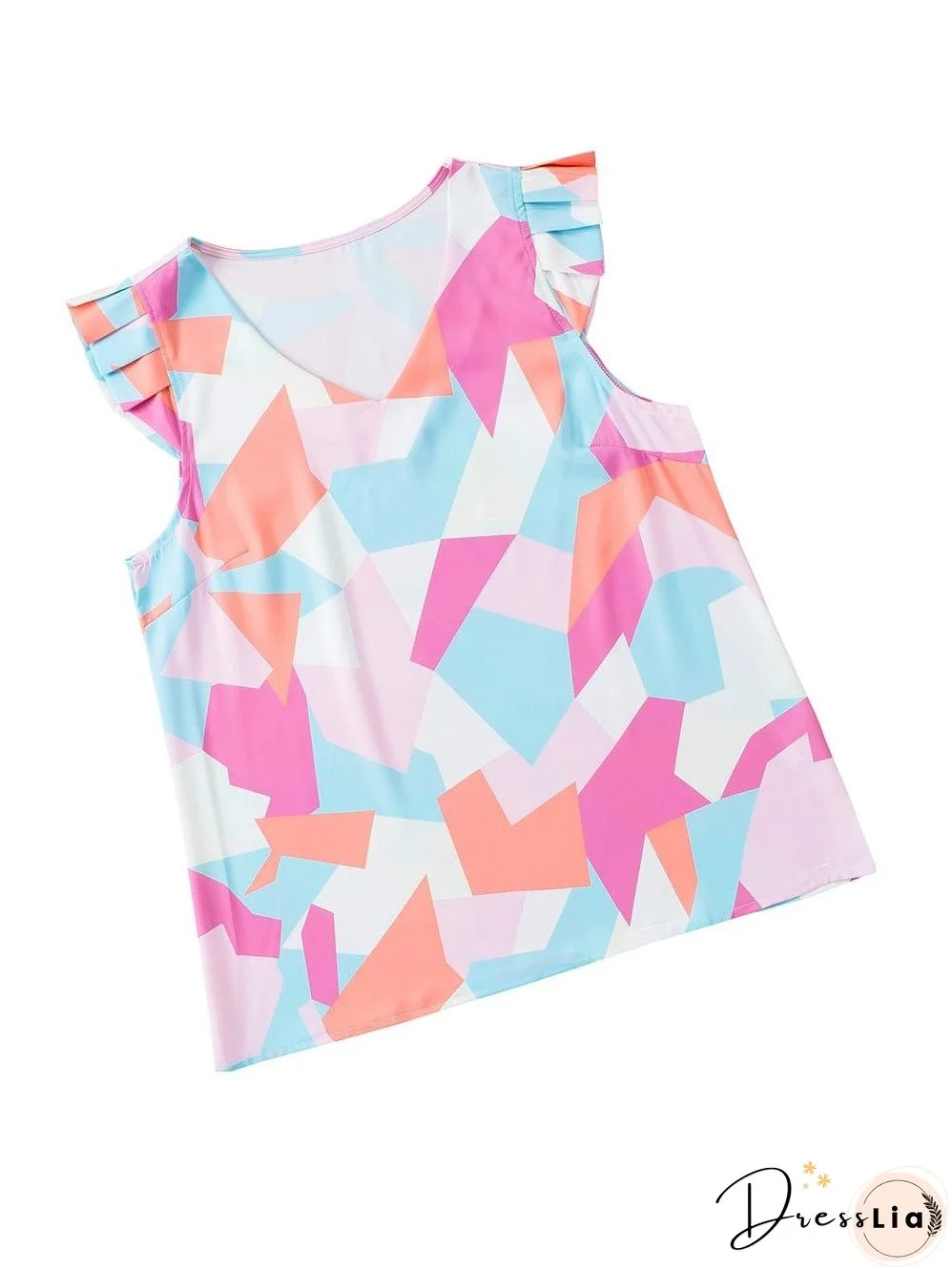 Pastel Geometric Print V-Neck Cap Sleeve Top with Colorblock Detail
