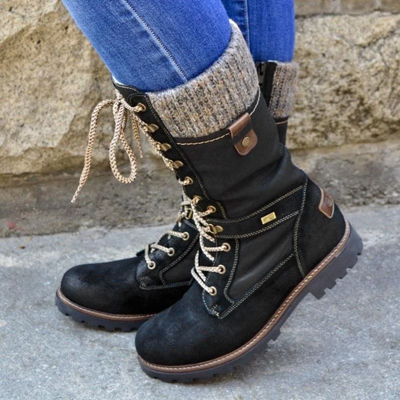 HZSHENGY Women Mid-Calf Boots Round Toe Low-Heeled Non-Slip Boots Knitted Patchwork Side Zipper Lace-Up Female Motorcycle Boots