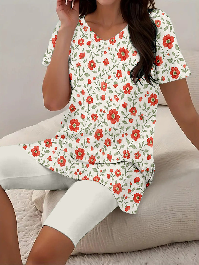 Women Long Sleeve V-neck Graphic Floral Printed Top