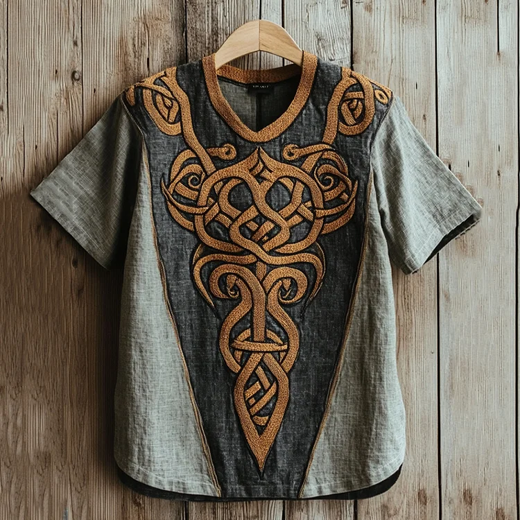 Men's Viking Celtic Embroidery Linen T Shirt