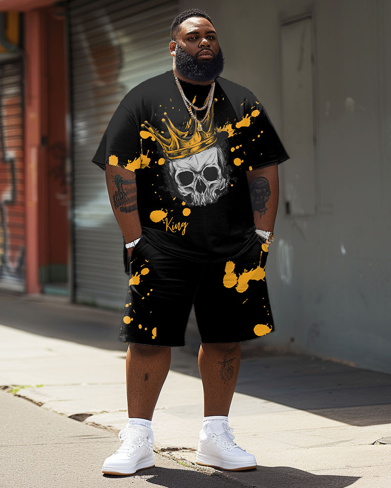 Men's Plus Size Casual Skull Graffiti Splash Ink Print T-Shirt Shorts Set