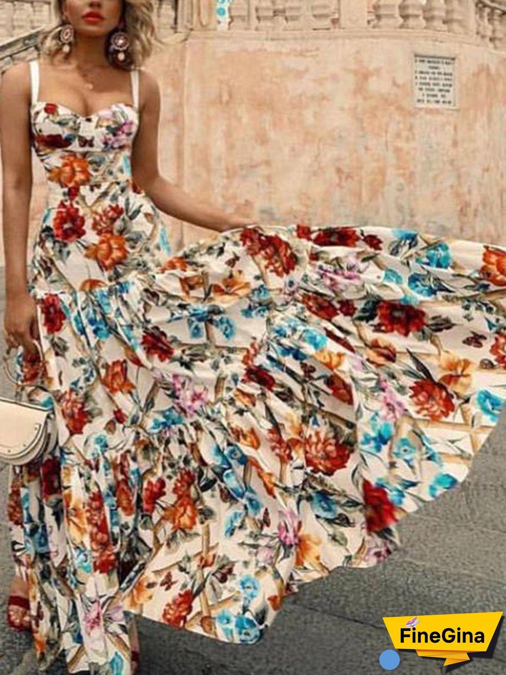 Sleeveless Sling Flower Print Maxi Dress P14846