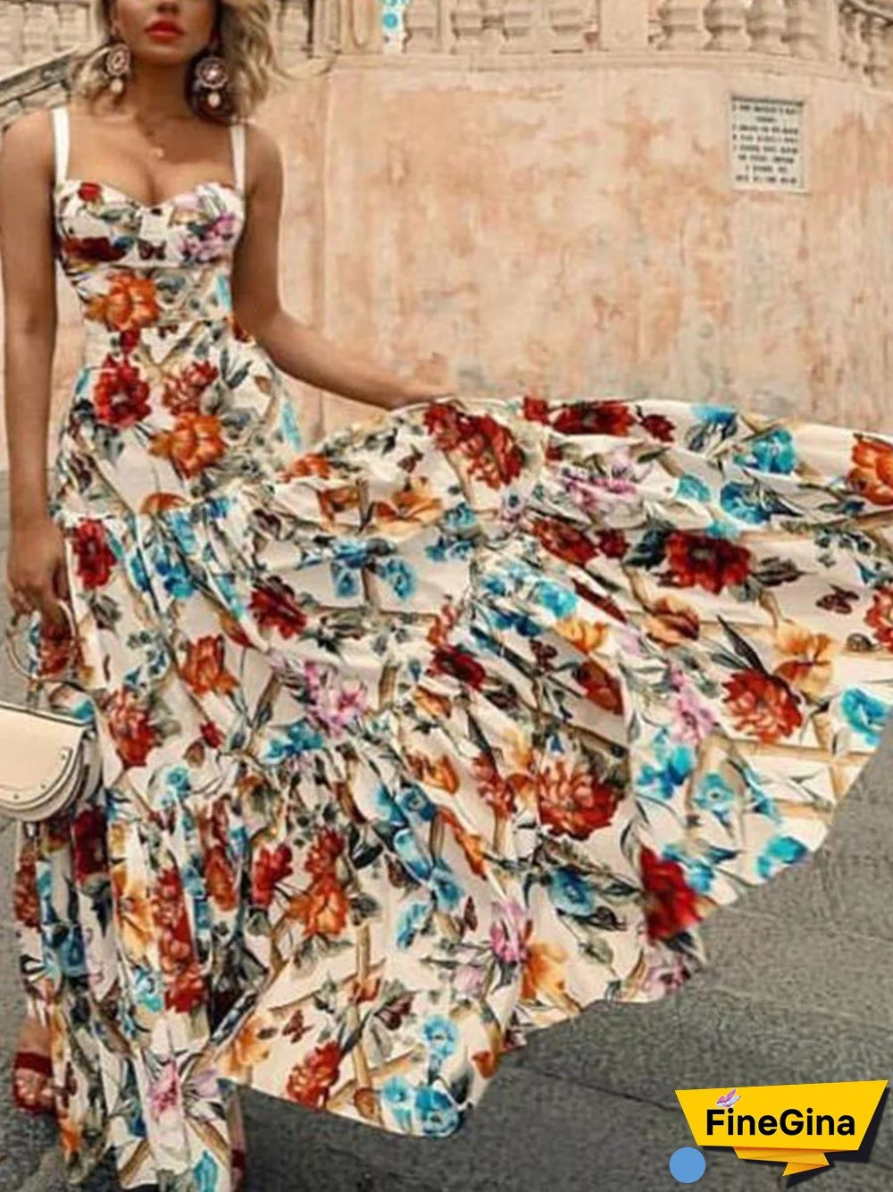 Sleeveless Sling Flower Print Maxi Dress P14846