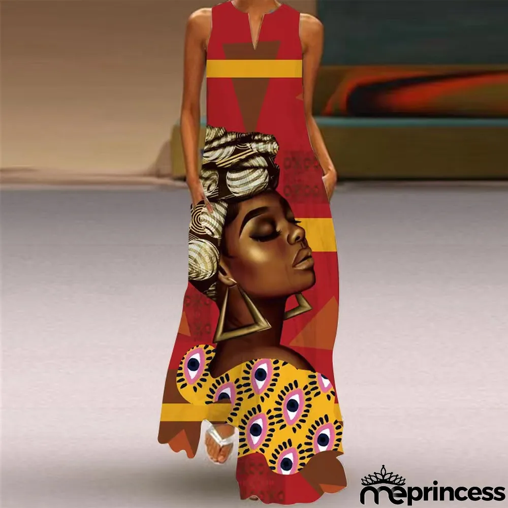 Summer women's sleeveless dress v-neck printed face dress