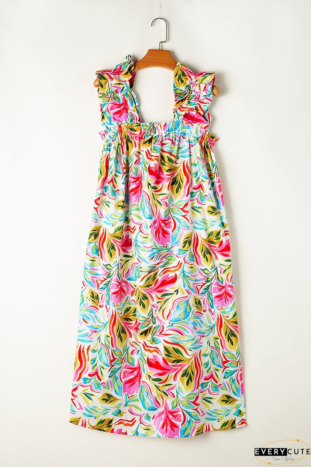 White Floral Print Ruffled Sleeveless Midi Dress