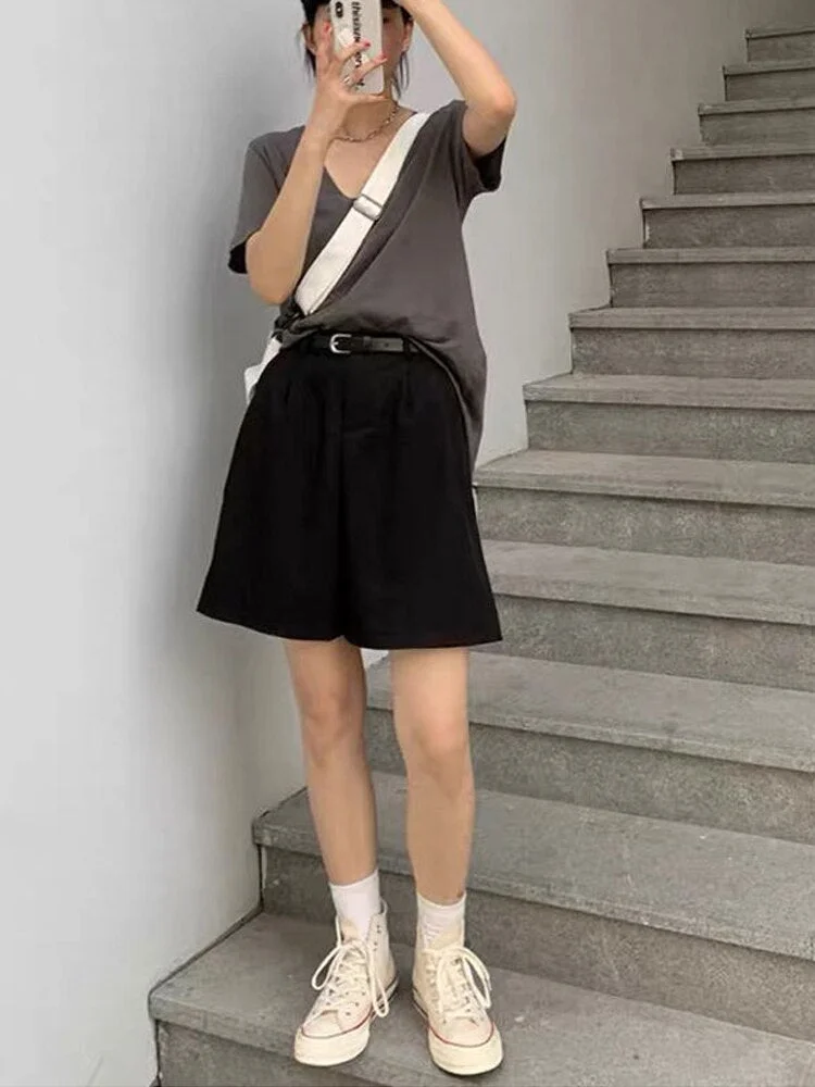 HOUZHOU Summer Gray Shorts Women Button Korean Style Oversize Black Wide Leg Casual High Waist Pants Harajuku Streetwear Fashion