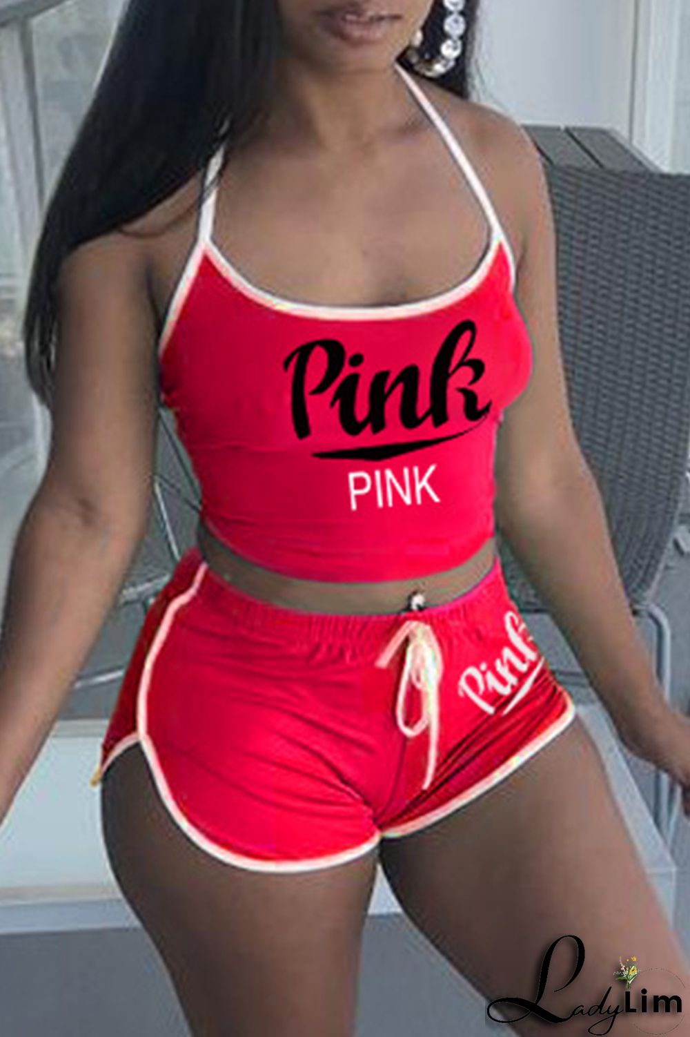 Burgundy Sexy Casual Letter Print Backless Halter Sleeveless Two Pieces