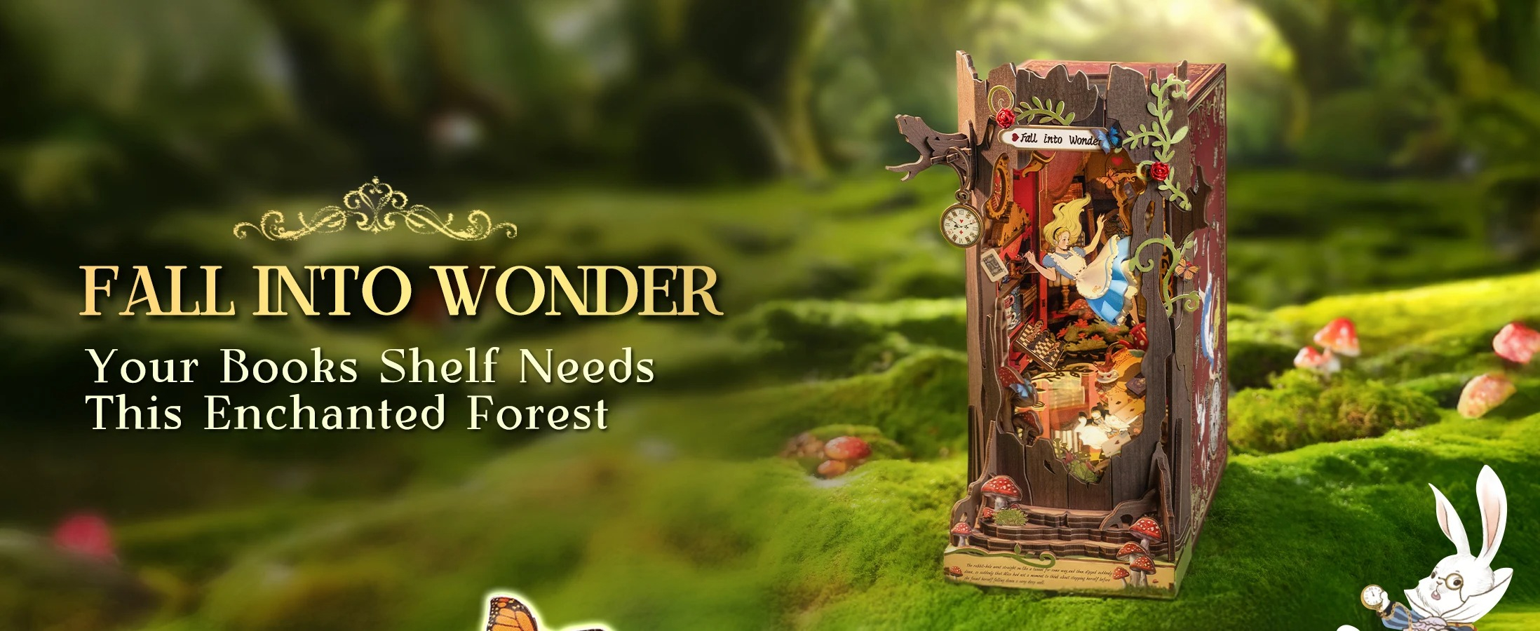 Tegooe 3D Wooden Book Nook Kit with LED Lights - Miniature Bookshelf Insert Gift