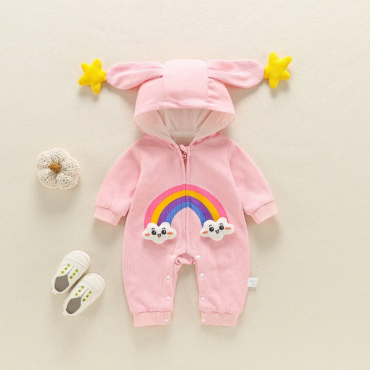 Baby Boy/Girl Five Pointed Star Design Ear 3D Rainbow Cloud Graphic Zipper Hooded Romper