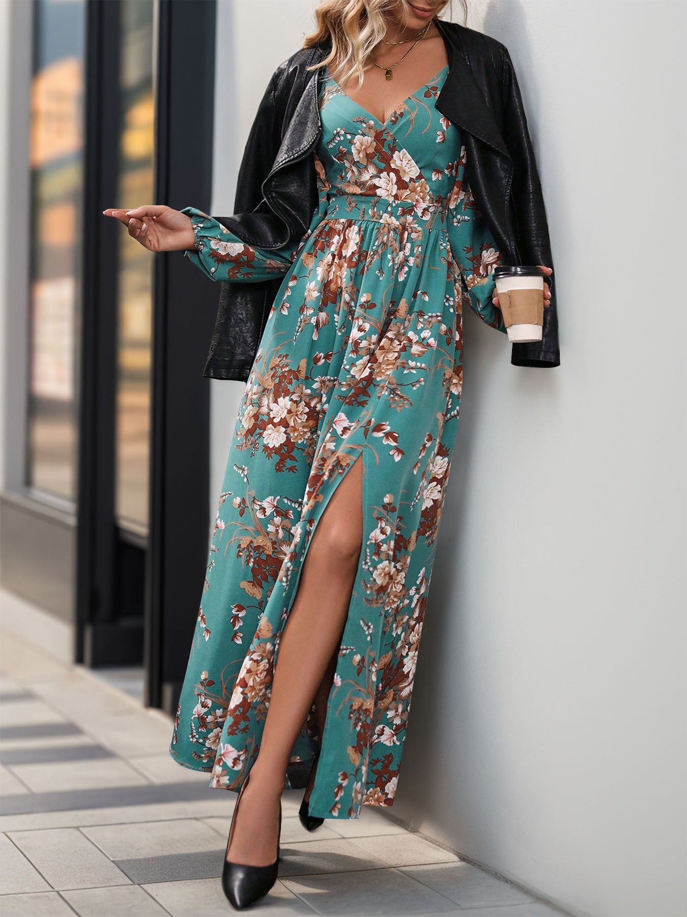 Women's Long Sleeve V-neck Floral Printed Slit Midi Dress