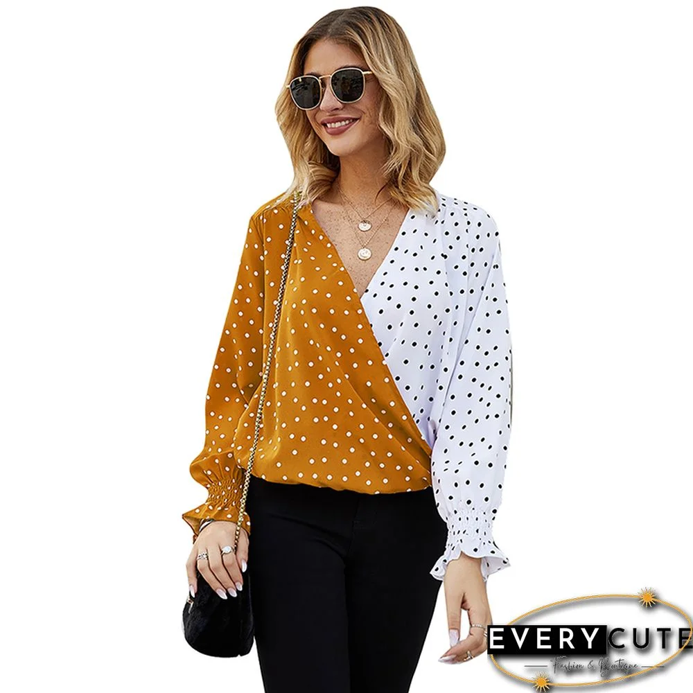 Yellow Polka Dot ColorBlock V Neck Blouse