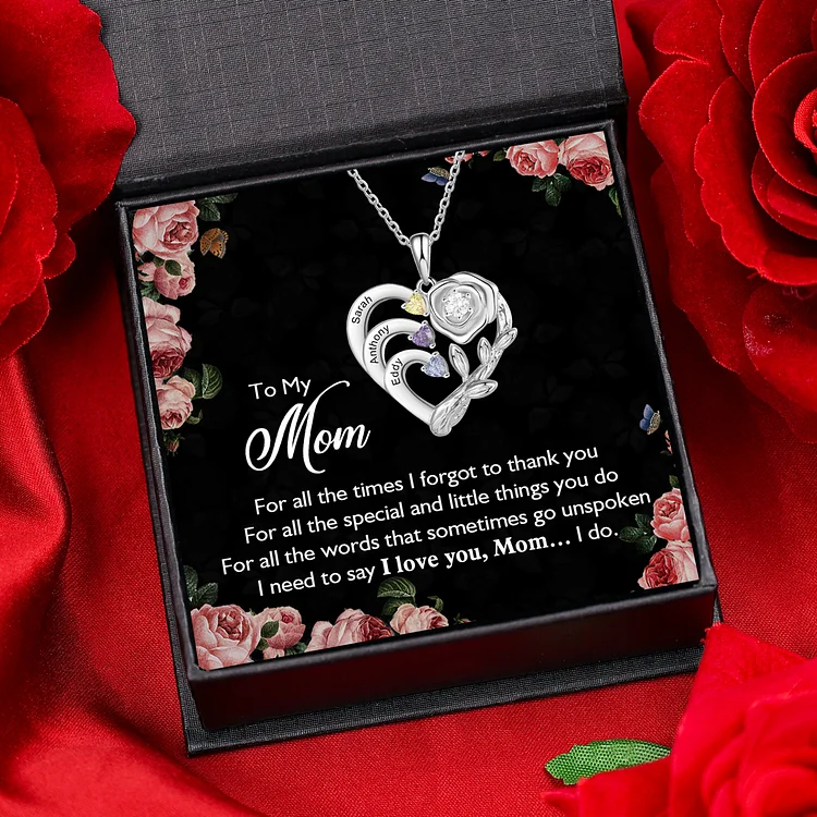 Personalized Rose Necklace with Birthstones Engraved 3 Names Intertwined Heart Pendant Necklace Gifts for Mother