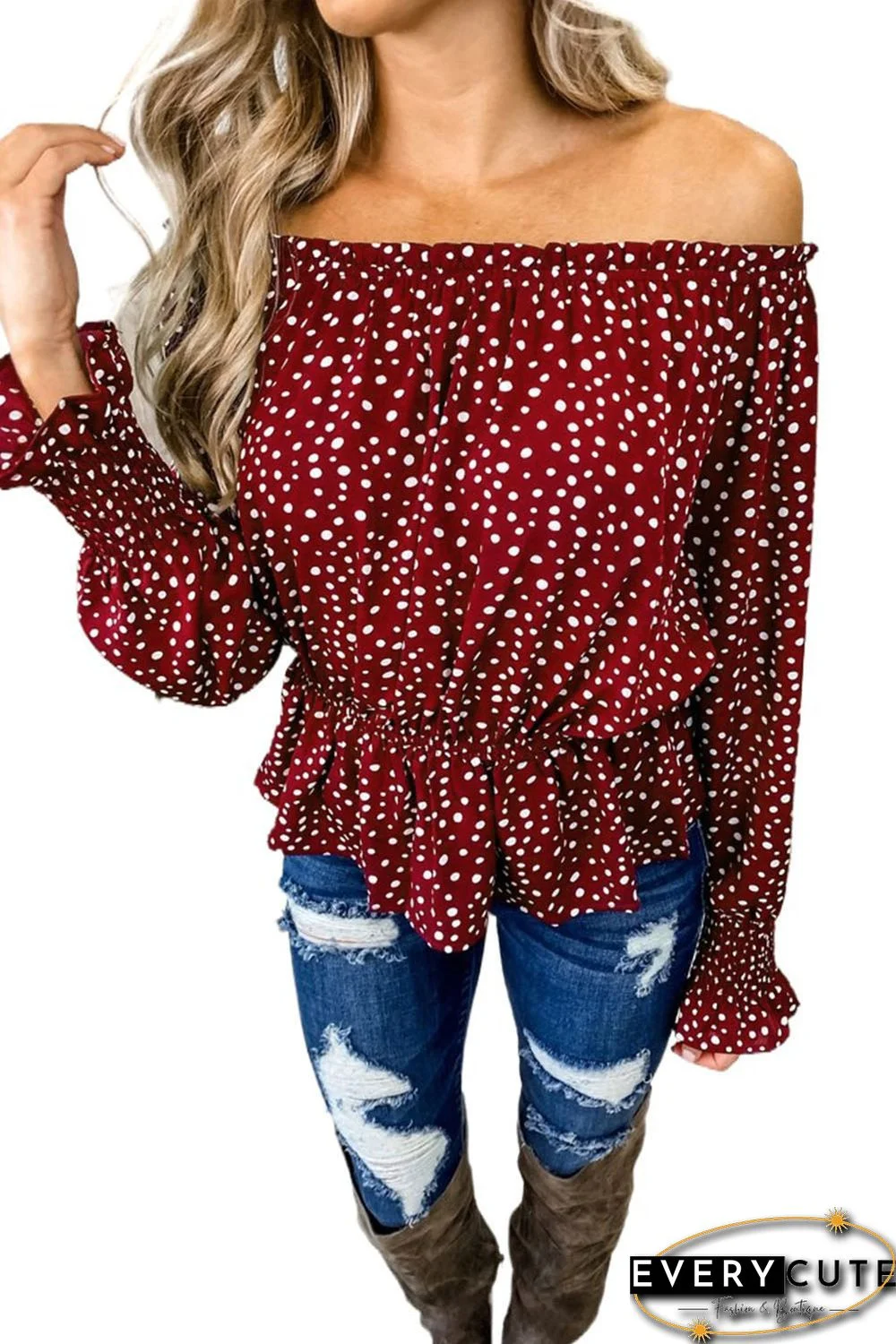 Red Polka Dot Off Shoulder Ruffle Long Sleeve Top