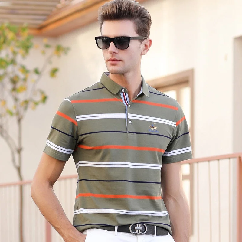 Aonga Men's Short Sleeve Polo Shirt Cotton High Quality Brand Summer Polos Men Fashion Business Embroidery Stripe Polo Shirt Male
