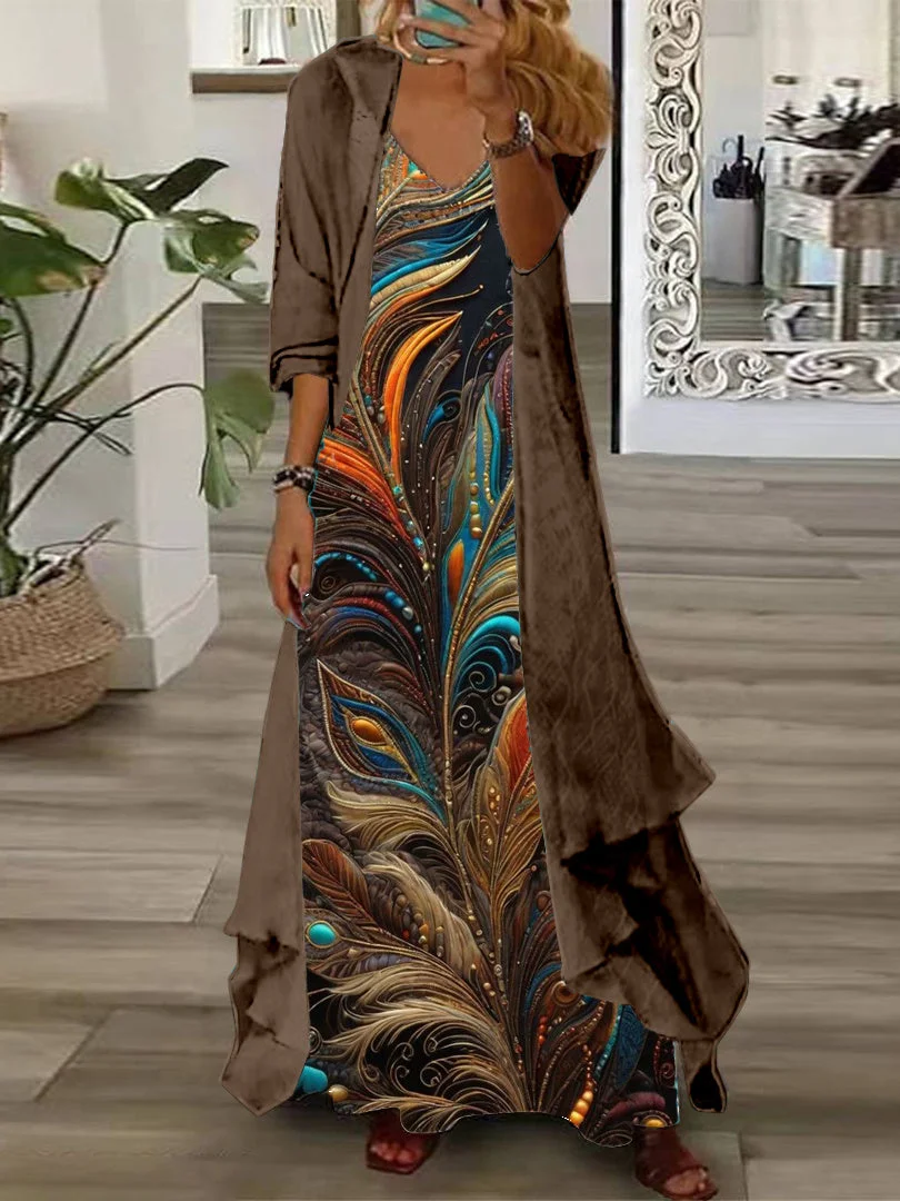 Women's Long Sleeve V-neck Graphic Printed Two Pieces Maxi Dress