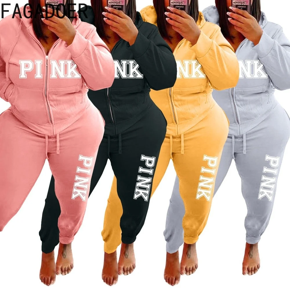 FAGADOER 2022 Plus Size Sporty PINK Letter Print Fashion Spring Set High Waist 2 Piece Set L-5XL Women Gym Clothing Pant Sets