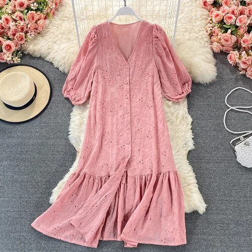 FTLZZ New Summer A Line V Neck Hollow Out Single Breasted Women Mid-Calf Dresses Casual Solid Short Lady Dress