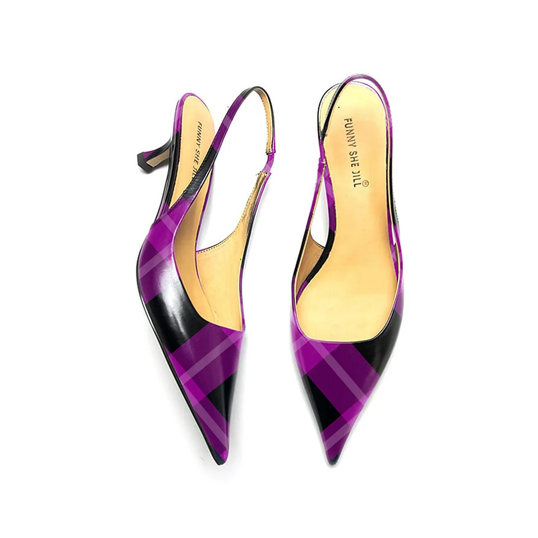 Purple Plaid Patent Leather Pointed Toe Elegant Kitten Heel